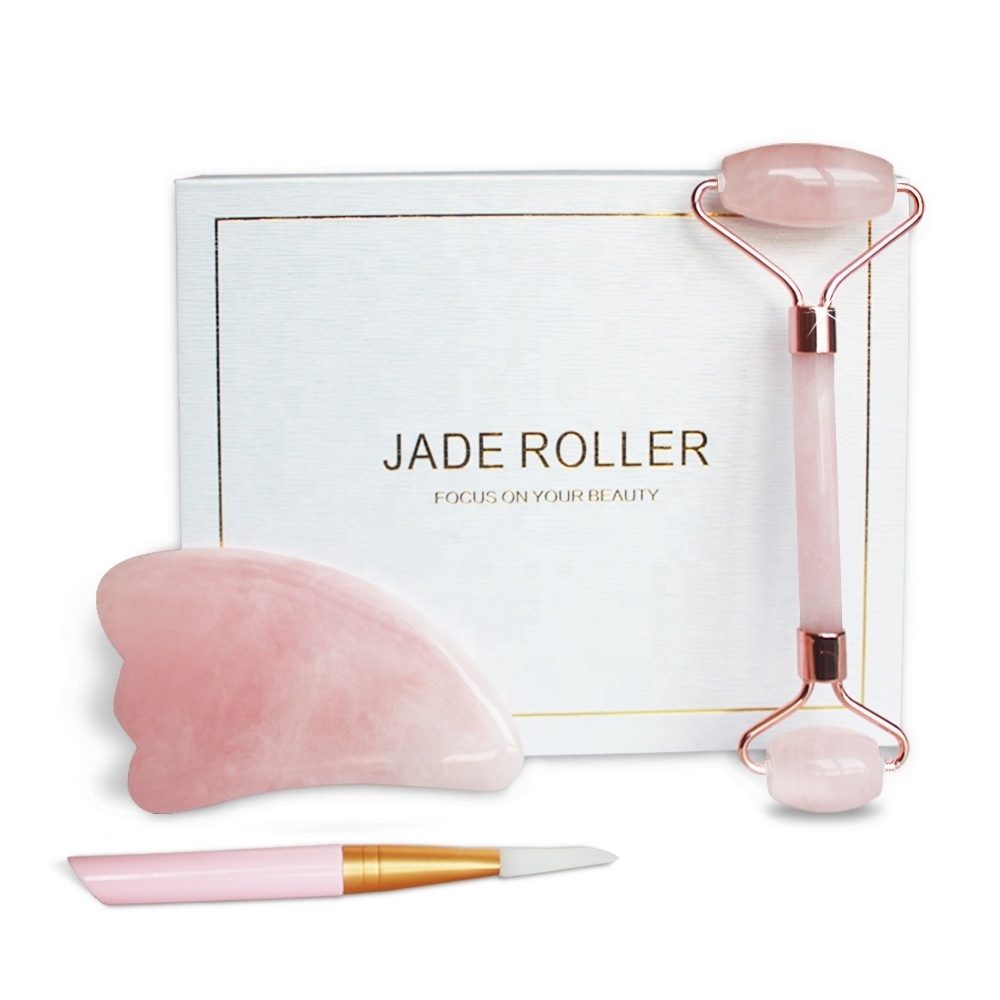 3 in 1 With Brush Cuarzo Rosa Natural Rose Quartz Guasha Stone Private Label Jade Roller Gua Sha Set Slimming Face Massage Tool