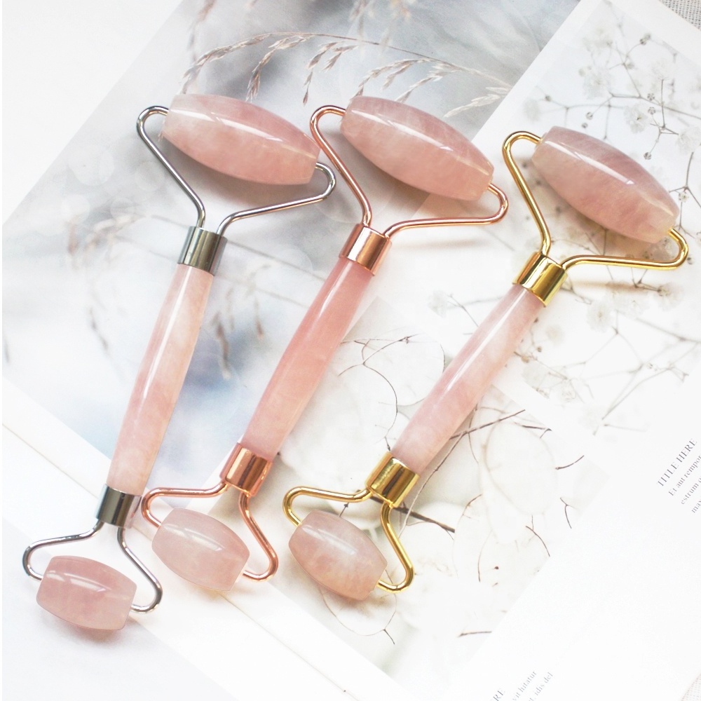 3 in 1 With Brush Cuarzo Rosa Natural Rose Quartz Guasha Stone Private Label Jade Roller Gua Sha Set Slimming Face Massage Tool