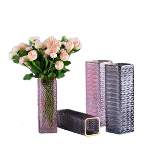 Nordic style Straight canes woven colored crystal glass vase soft home decoration hydroponic gold rim glass vase