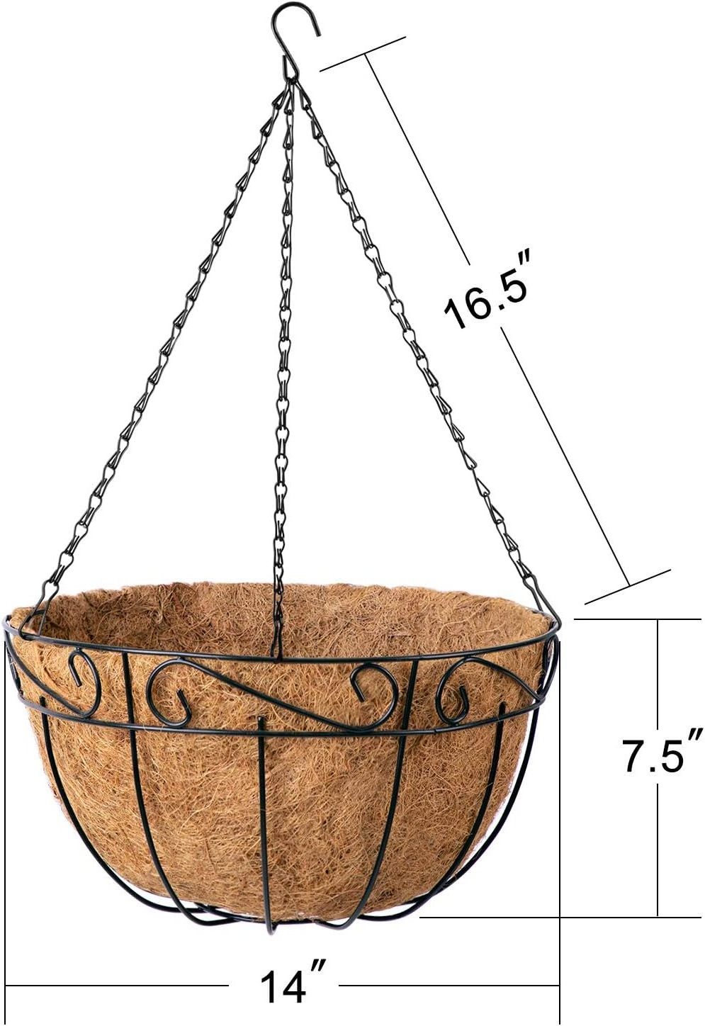 YULIN JIAFU 14 Inch Hanging Baskets Planter for Flowers Round Outdoor Indoor Pots Holder Hanger Metal with Liner Chain