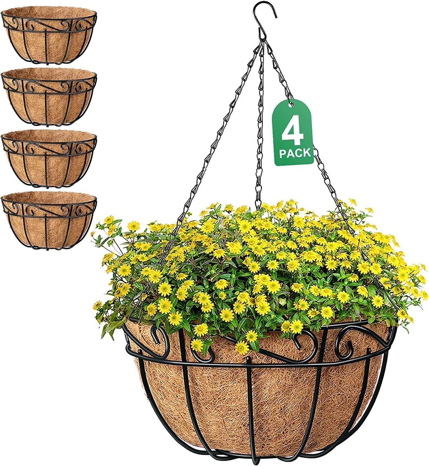 YULIN JIAFU 14 Inch Hanging Baskets Planter for Flowers Round Outdoor Indoor Pots Holder Hanger Metal with Liner Chain