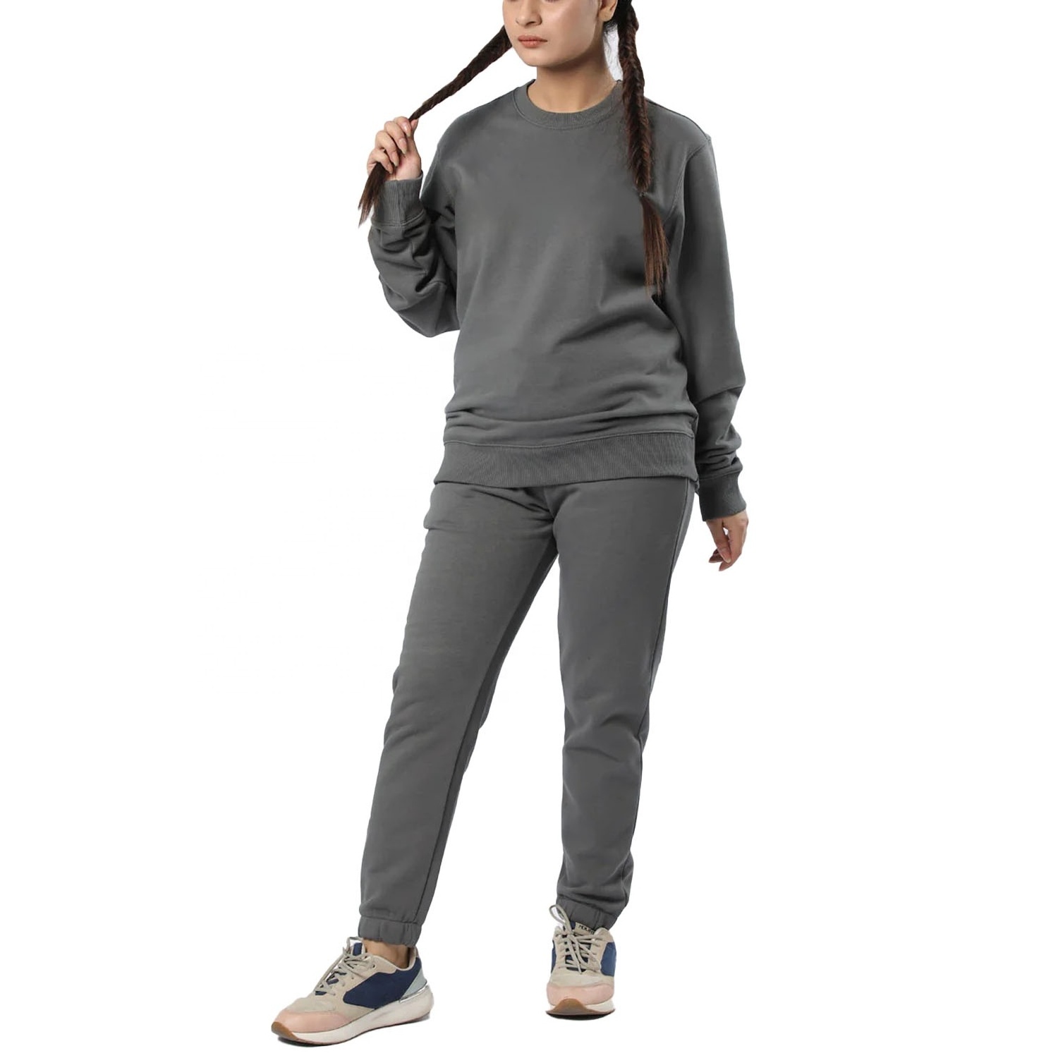 Women 2 Piece Crew Neck Pullover Track Suit Trouser Set Color Plain Panel Cotton Fleece French Terry Tracksuit