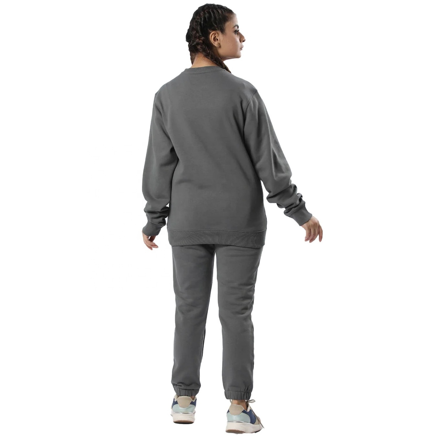 Women 2 Piece Crew Neck Pullover Track Suit Trouser Set Color Plain Panel Cotton Fleece French Terry Tracksuit