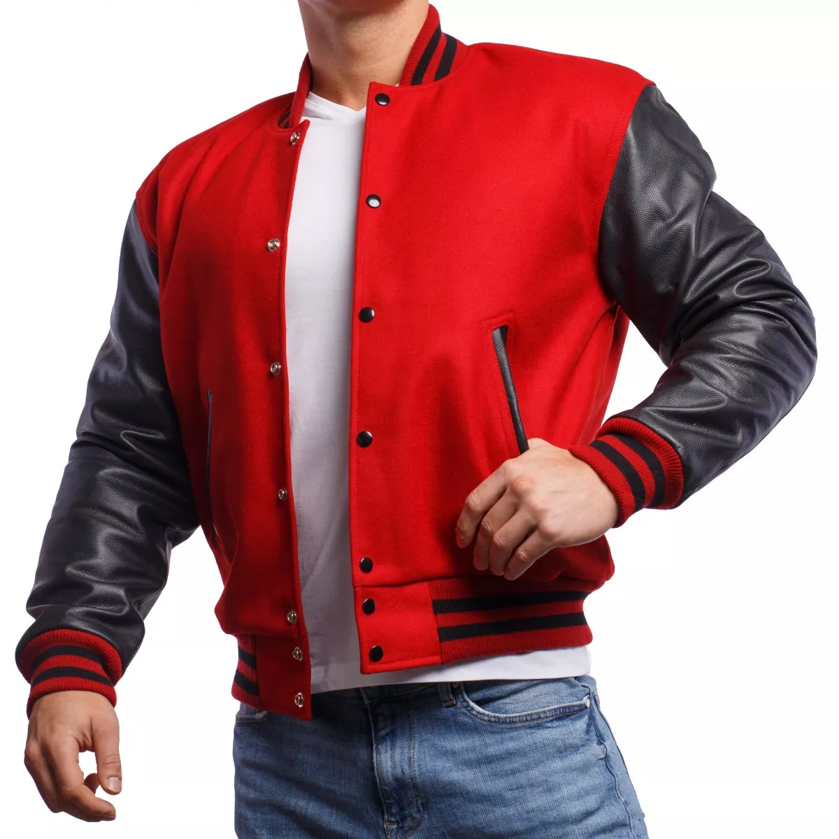 Best Quality Wool New Custom Made Own Design Red With Black Sleeves Fleece Basketball Varsity Jackets For Men