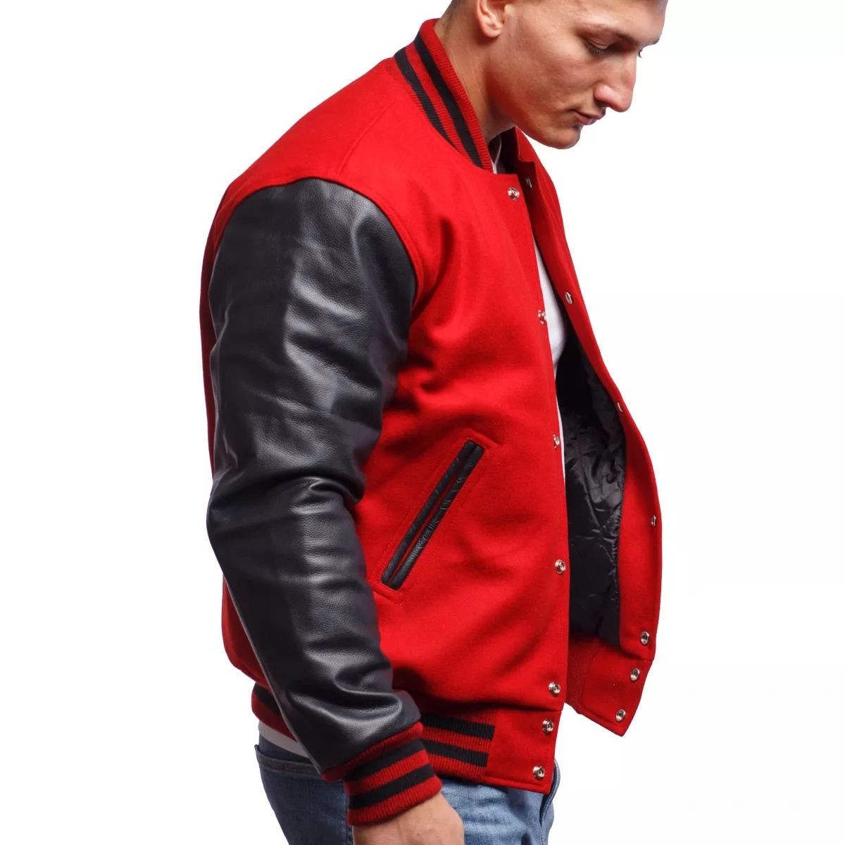 Best Quality Wool New Custom Made Own Design Red With Black Sleeves Fleece Basketball Varsity Jackets For Men