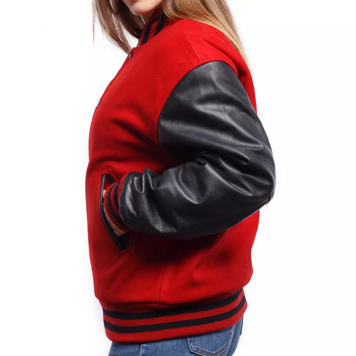 Best Quality Wool New Custom Made Own Design Red With Black Sleeves Fleece Basketball Varsity Jackets For Men