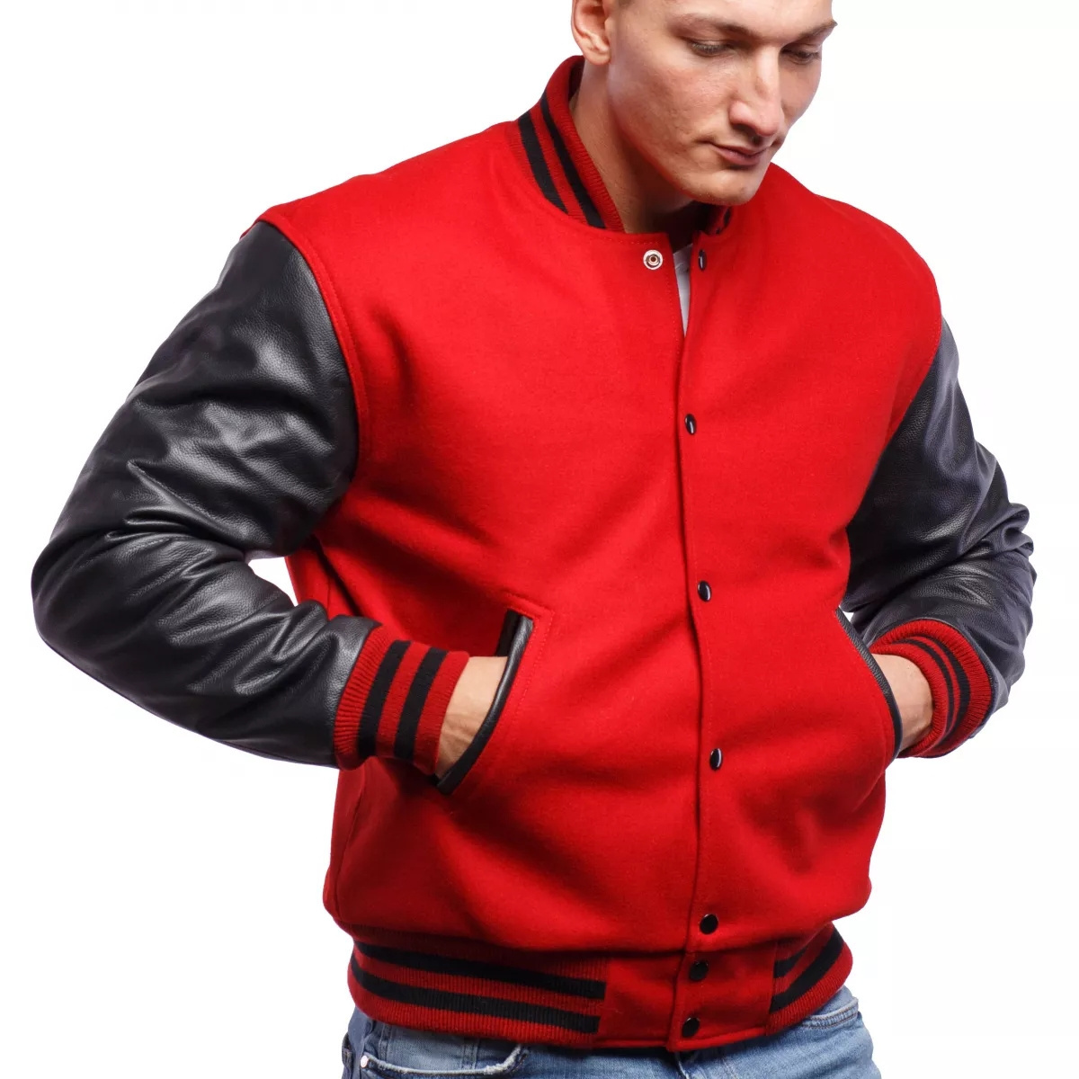 Best Quality Wool New Custom Made Own Design Red With Black Sleeves Fleece Basketball Varsity Jackets For Men