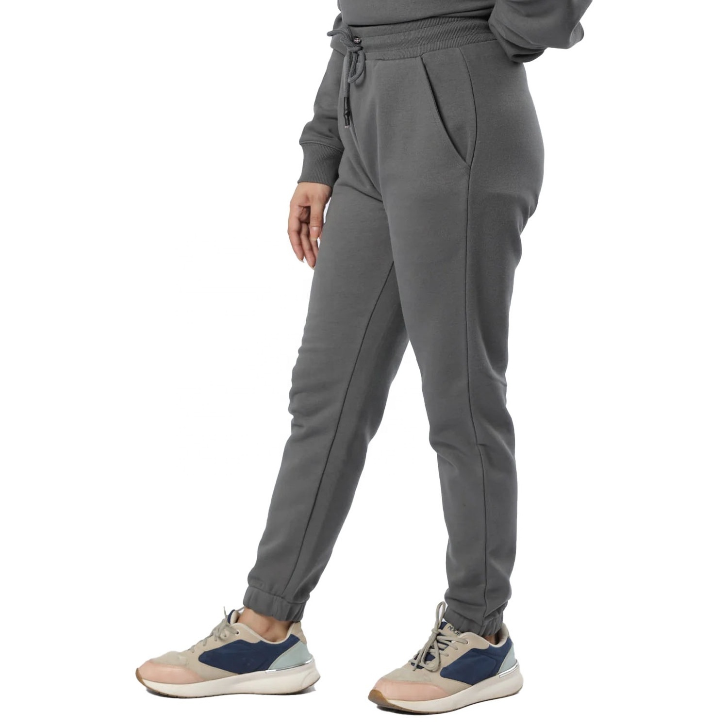 Women 2 Piece Crew Neck Pullover Track Suit Trouser Set Color Plain Panel Cotton Fleece French Terry Tracksuit