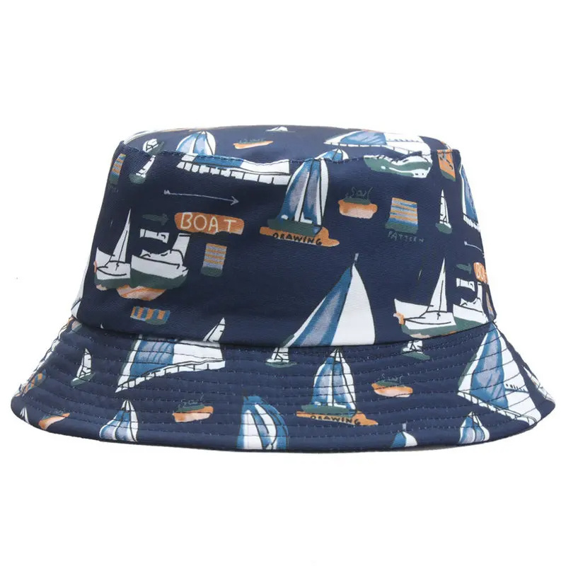 Brand Boat Printing Bucket Hats For Men Women  Fishing Sailing Outdoor Bucket Hats  Summer Foldable Sun Fisherman Hat