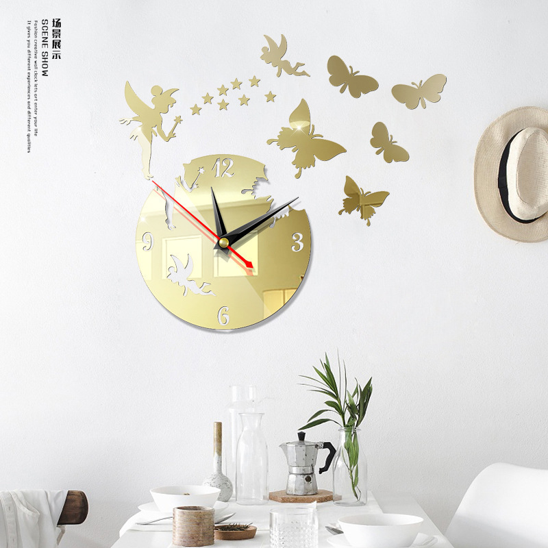 Customized Round Retro 3D Acrylic Angel Butterfly Decorative Home Wall Clock