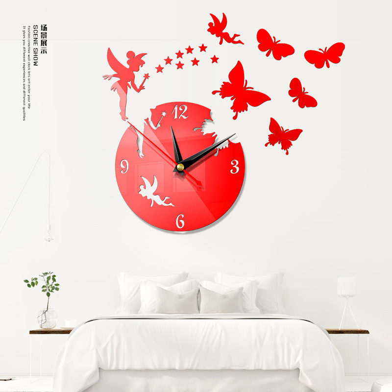 Customized Round Retro 3D Acrylic Angel Butterfly Decorative Home Wall Clock