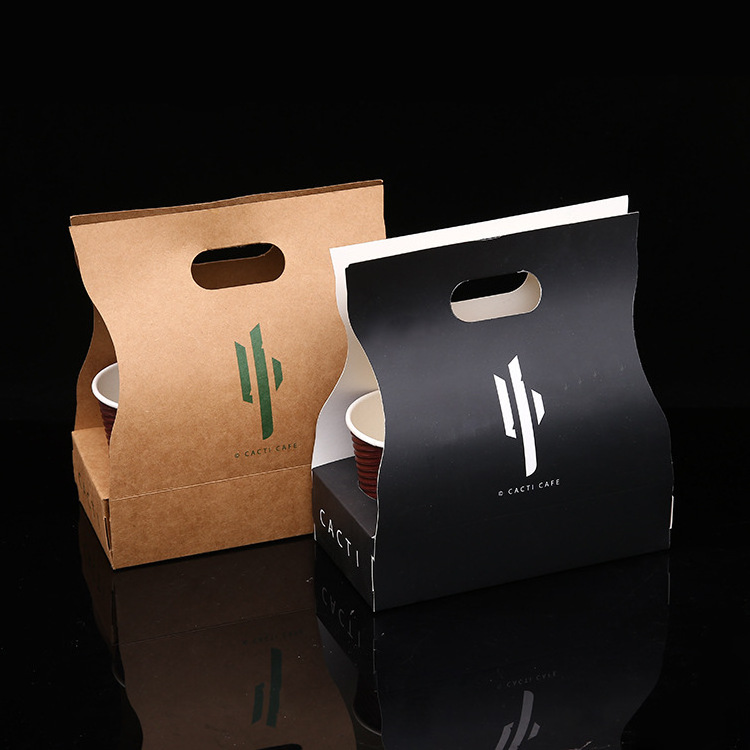 Eco Friendly Disposable Paper Take Out Coffee Cup Drink Carriers 2 Pack Paper Cup Holder with Handle