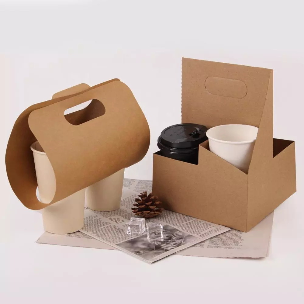 Eco Friendly Disposable Paper Take Out Coffee Cup Drink Carriers 2 Pack Paper Cup Holder with Handle