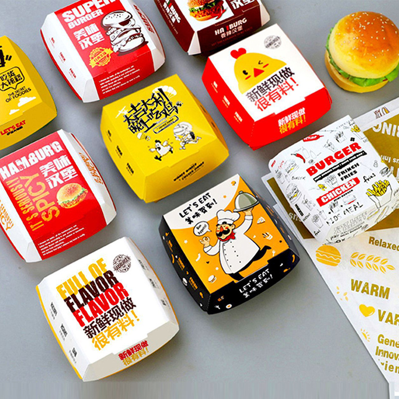 Custom Printed Recycled Take Away French Fries Paper Boxes Fast Food Burger Hamburger Packaging