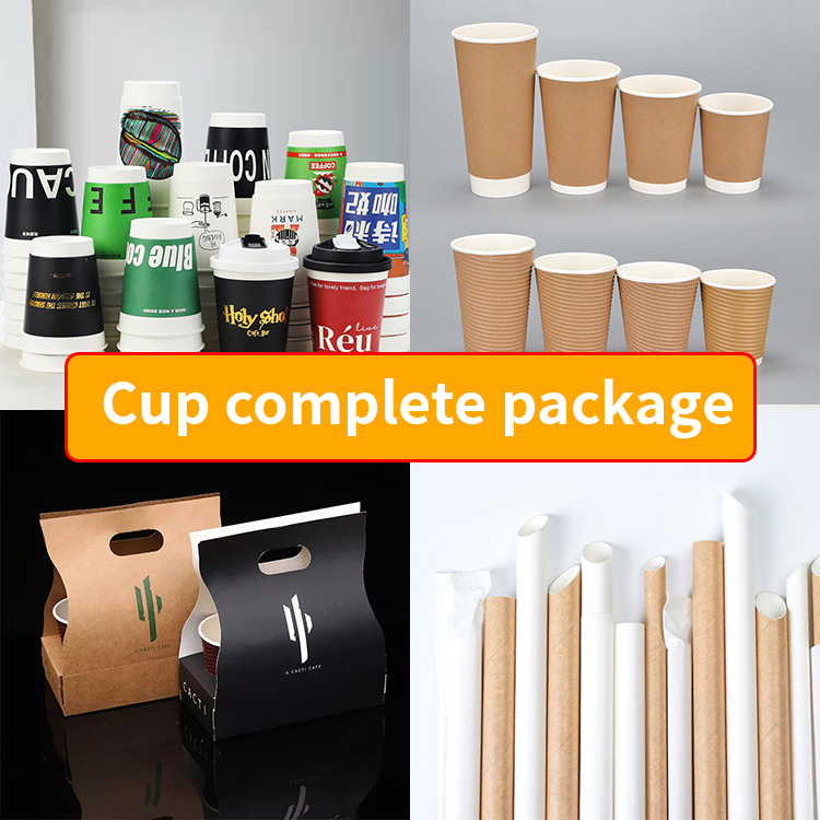 JAHOO 6oz 8oz 12 oz 16 oz Hot Beverage Disposable White Paper Coffee Cup with Black Dome lid and Kraft Sleeve Combo,