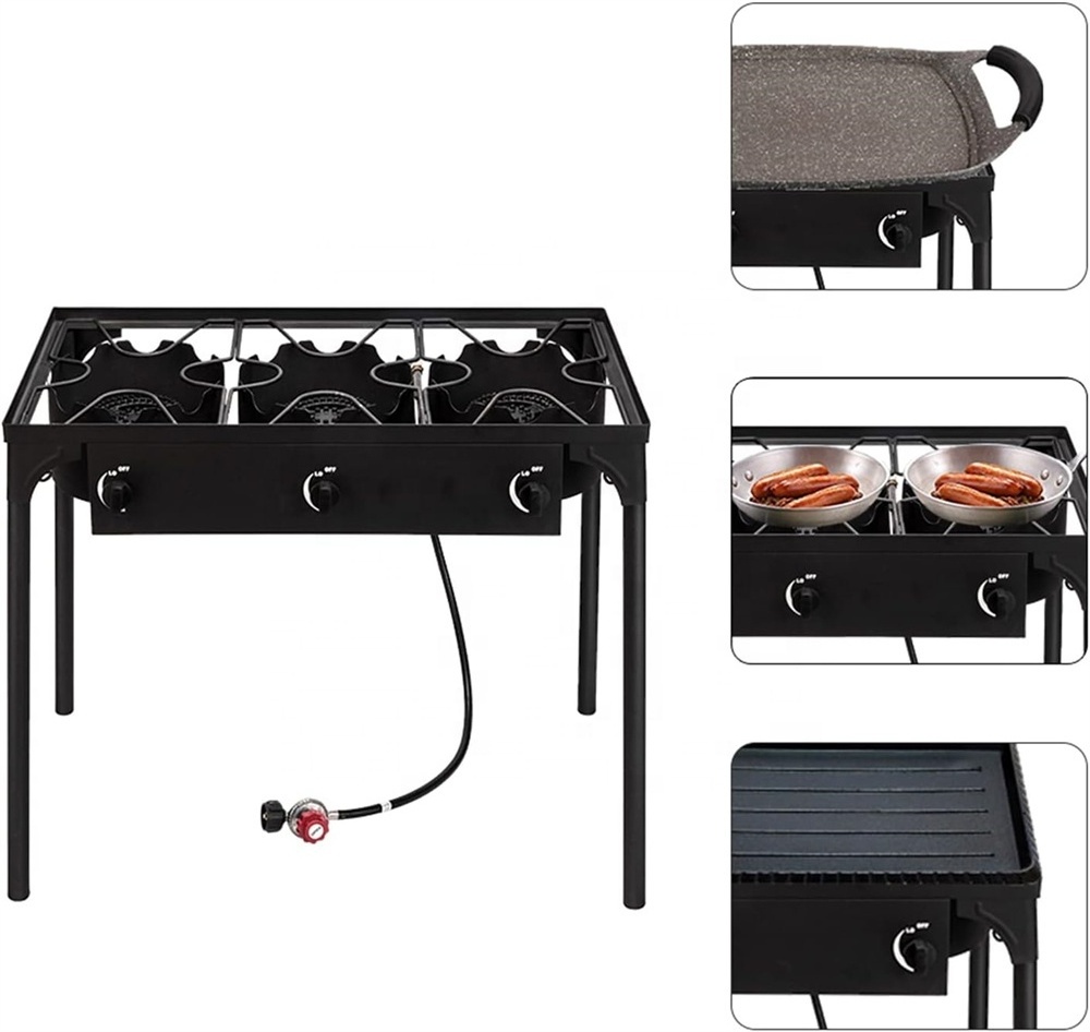 Portable 3 Burner Propane Gas Stove for Outdoor Cooking, 225,000 BTU Camping Cooker with Removable Legs