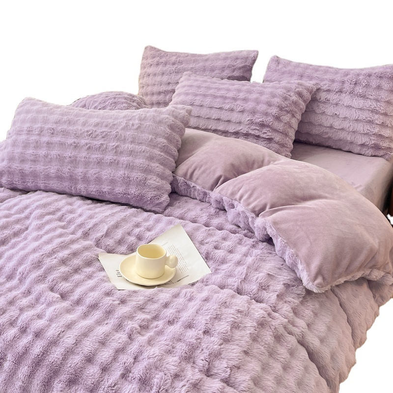 fluffy Faux Fur Shaggy Duvet Cover Flat Sheet Pillow Case Flannel Velvet Purple Bunny Fur Microfiber Bed Sheet 4pcs Bedding Sets