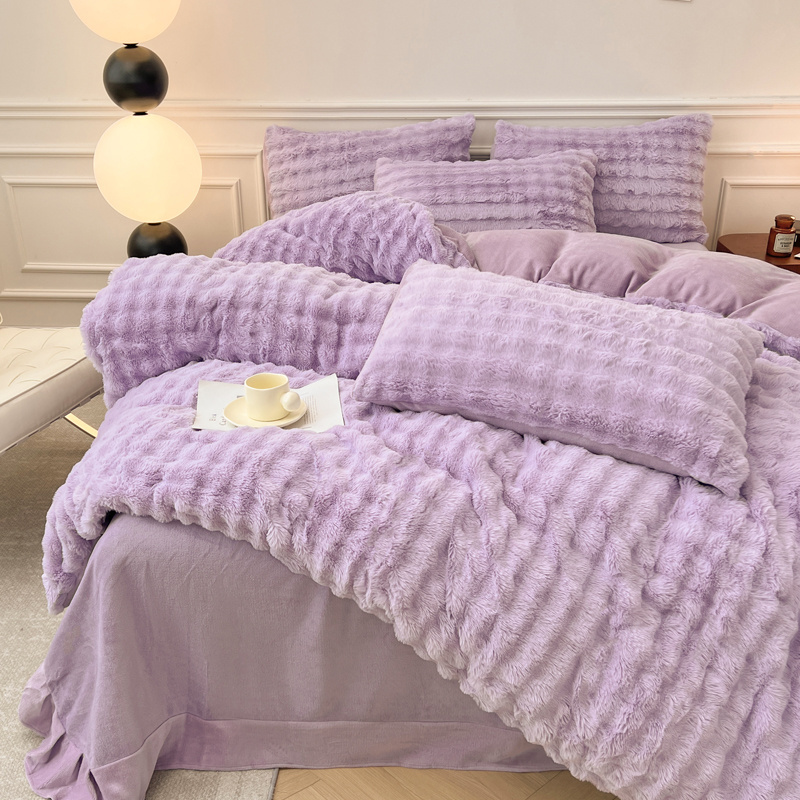 fluffy Faux Fur Shaggy Duvet Cover Flat Sheet Pillow Case Flannel Velvet Purple Bunny Fur Microfiber Bed Sheet 4pcs Bedding Sets