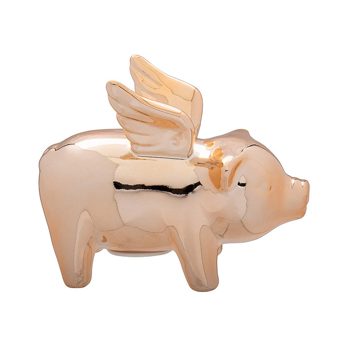 Golden Flying Pig Ceramic Coin Counting Piggy Bank for Gift