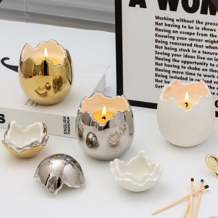 Luxury Candle Vessel Modern Gold and Silver Egg Shape Jars Ceramic Candle Empty Jar with Lid