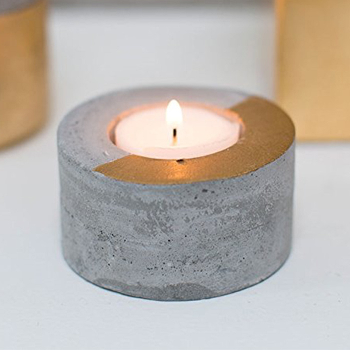 Gold and Cement Round Tea Light Holder Circular Concrete Candle Holders