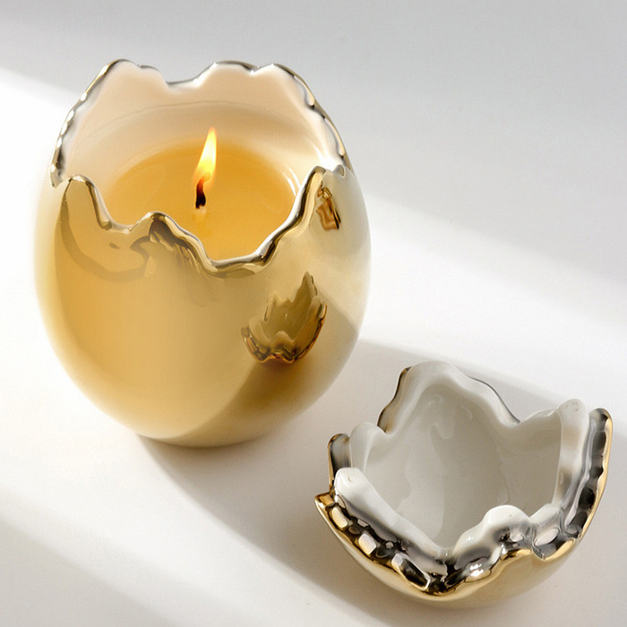 Luxury Candle Vessel Modern Gold and Silver Egg Shape Jars Ceramic Candle Empty Jar with Lid