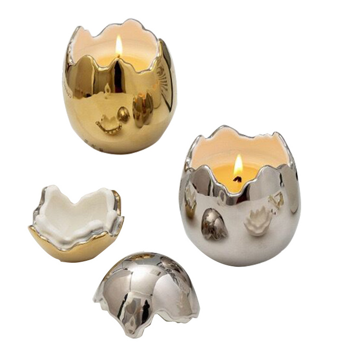 Luxury Candle Vessel Modern Gold and Silver Egg Shape Jars Ceramic Candle Empty Jar with Lid