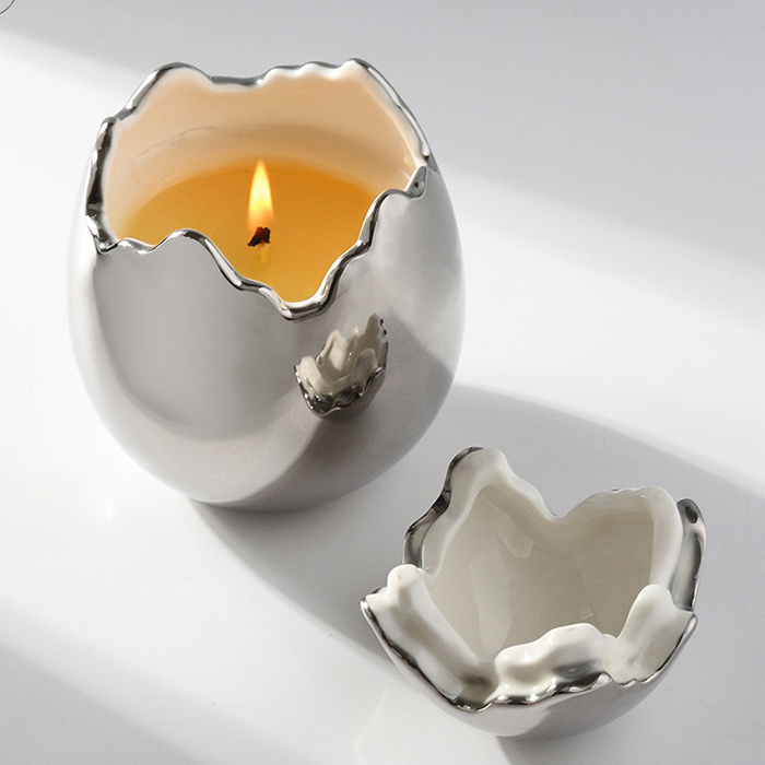 Luxury Candle Vessel Modern Gold and Silver Egg Shape Jars Ceramic Candle Empty Jar with Lid