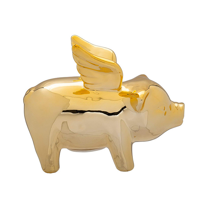 Golden Flying Pig Ceramic Coin Counting Piggy Bank for Gift