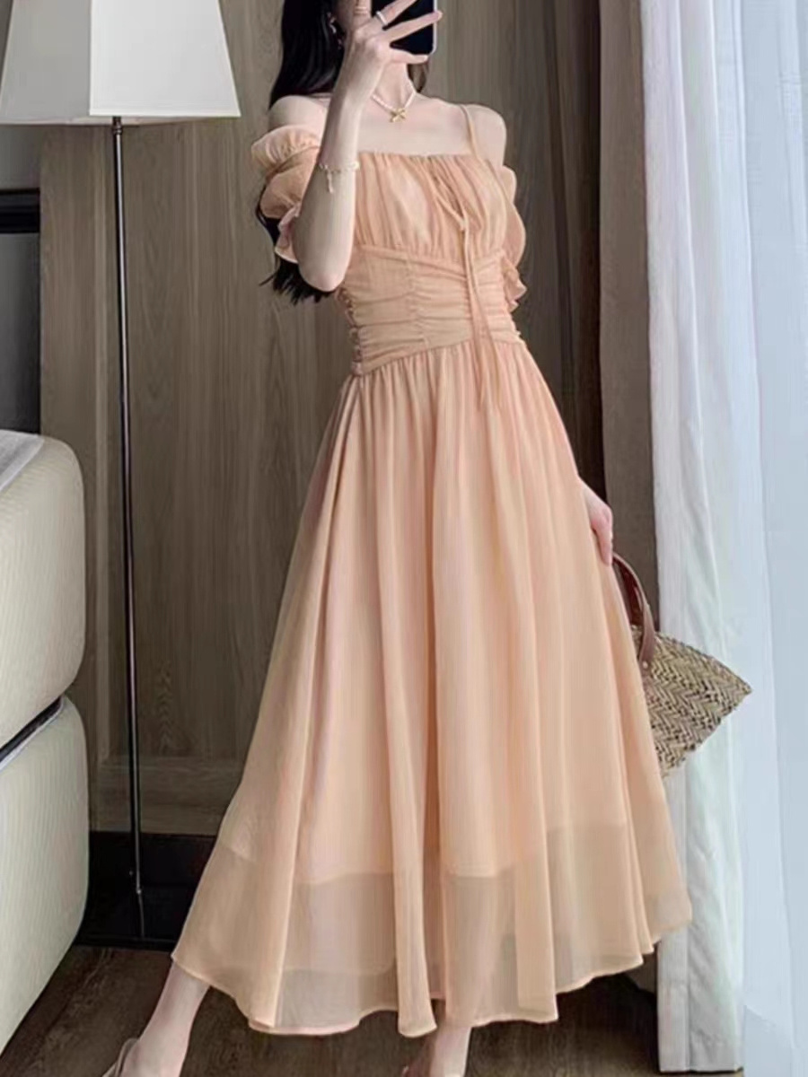 Large size women's dress belly covered French waist temperament long dress summer sense off-the-shoulder halter women's dress