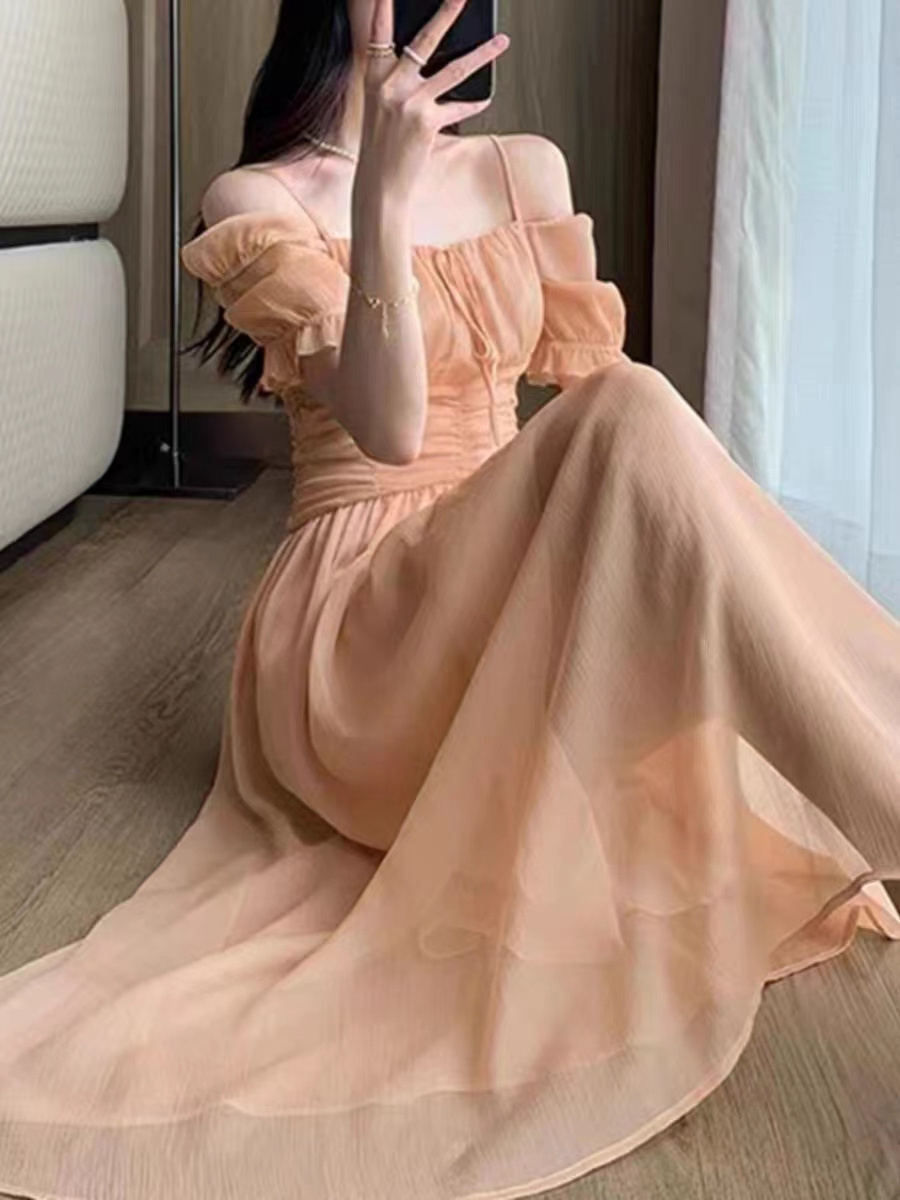 Large size women's dress belly covered French waist temperament long dress summer sense off-the-shoulder halter women's dress