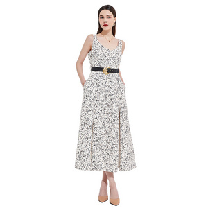 Customized Styles Women's Floral Printing Casual Elegant Long Dress with Belt