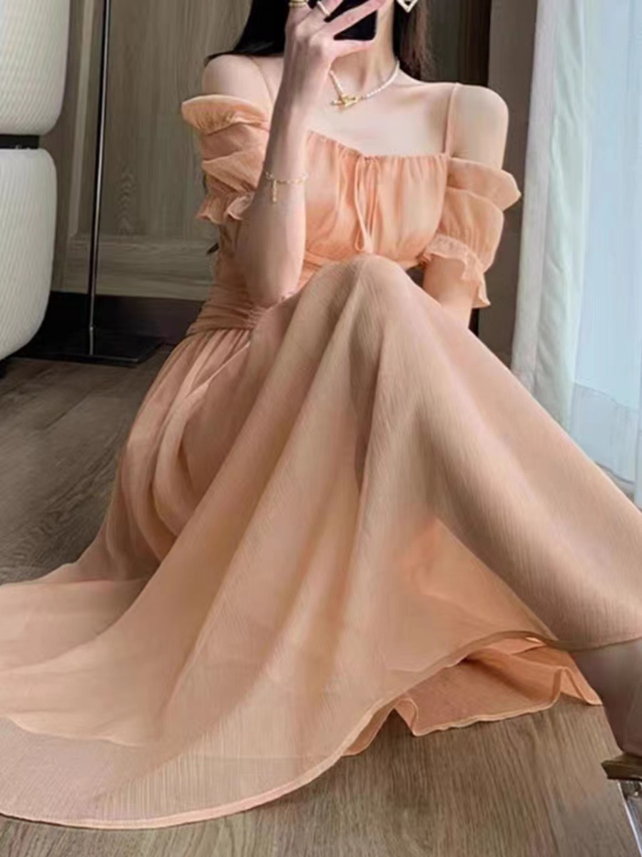 Large size women's dress belly covered French waist temperament long dress summer sense off-the-shoulder halter women's dress