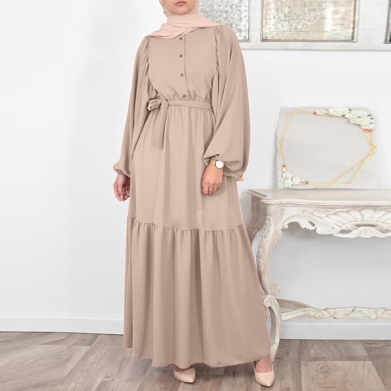 Fashion Middle Eastern Tulle Gown Arabic Solid Round Neck Long Sleeve Tunic Dress Muslim Women's Buttons Chiffon Abaya With Belt