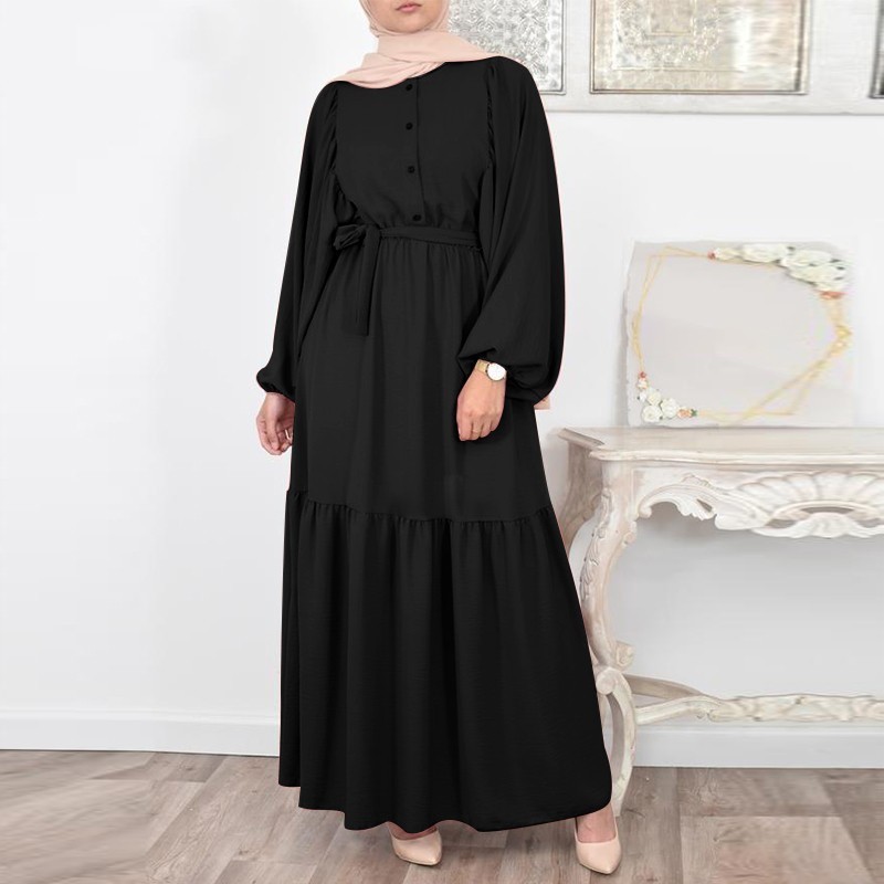 Fashion Middle Eastern Tulle Gown Arabic Solid Round Neck Long Sleeve Tunic Dress Muslim Women's Buttons Chiffon Abaya With Belt