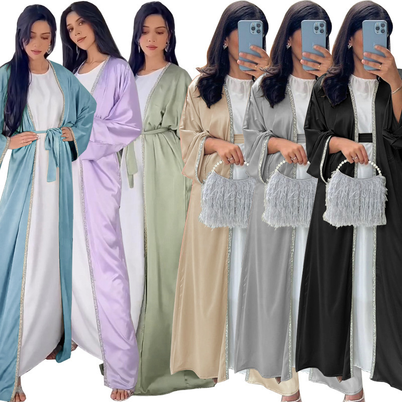 2024 eid new abaya design Dubai Islamic clothing Elegant Women Muslim Inner Slip Dress Abaya Set Diamond Satin Silk Open Abaya