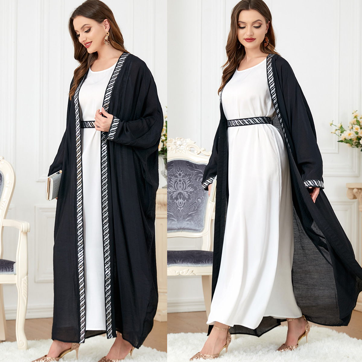 2023 New Designs Diamond 2 Piece Satin Abaya Set Eid Dubai Islamic Elegant Modest Abaya Women Muslim Dress Inner Slip Dress Abay