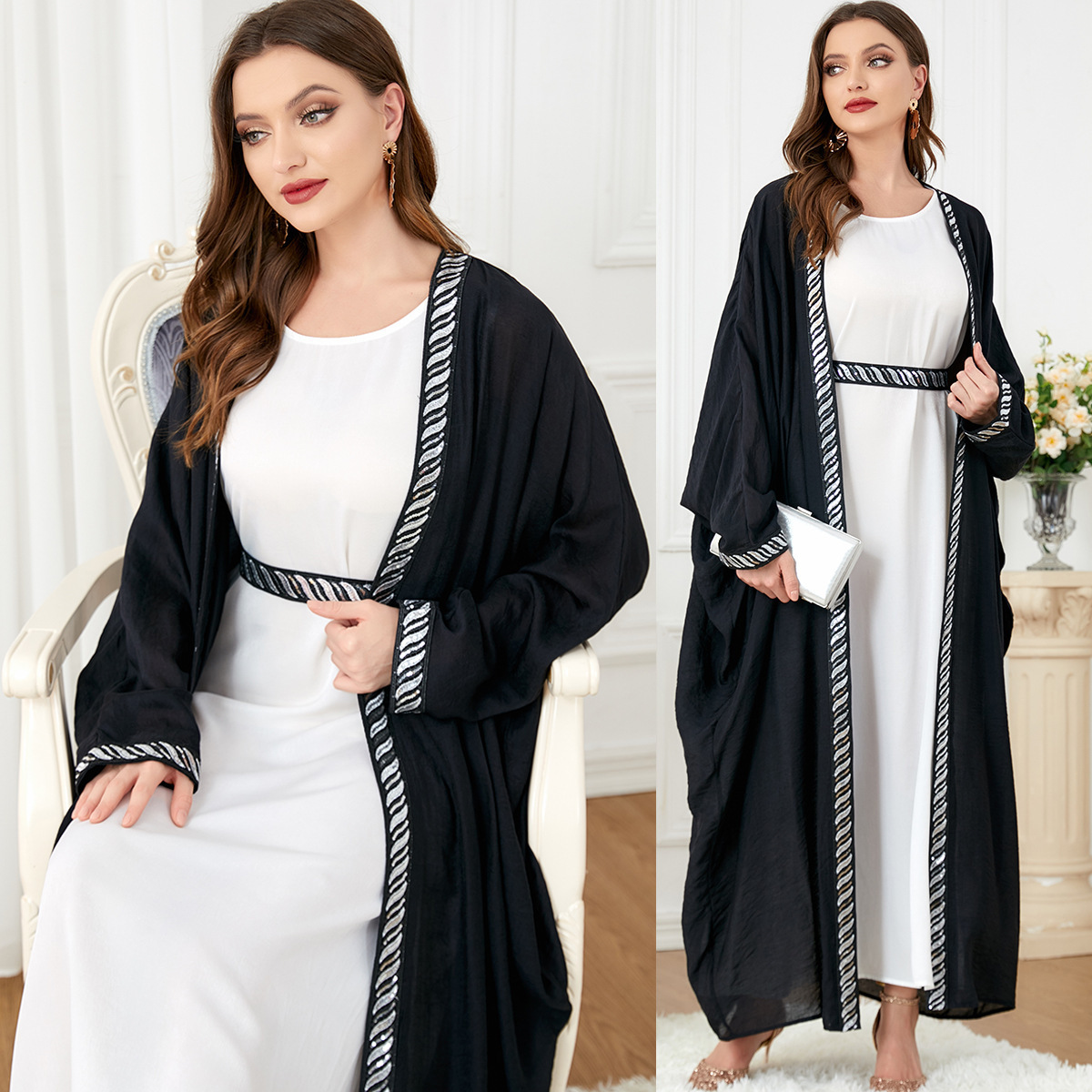 2023 New Designs Diamond 2 Piece Satin Abaya Set Eid Dubai Islamic Elegant Modest Abaya Women Muslim Dress Inner Slip Dress Abay