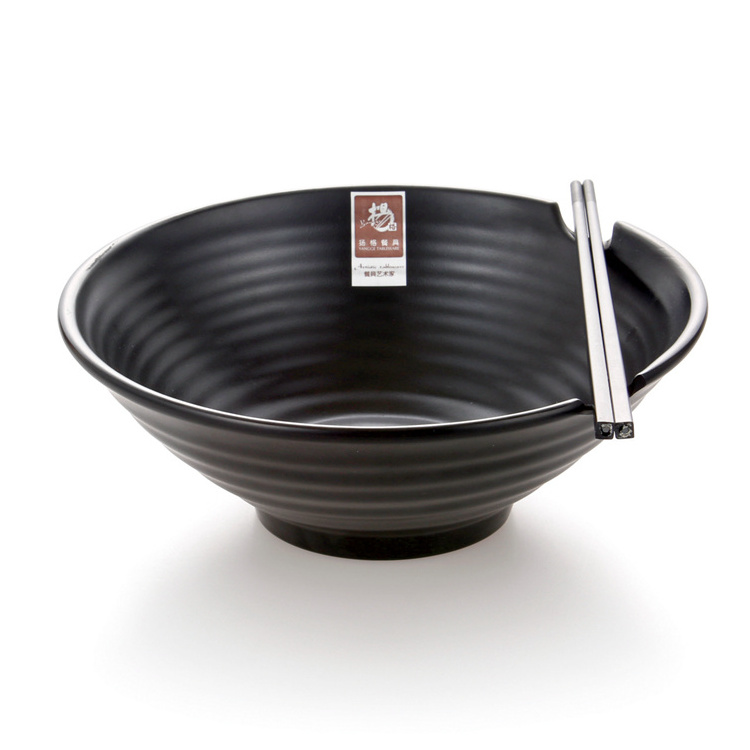 Matte black Japanese style melamine noodle bowl with chopsticks