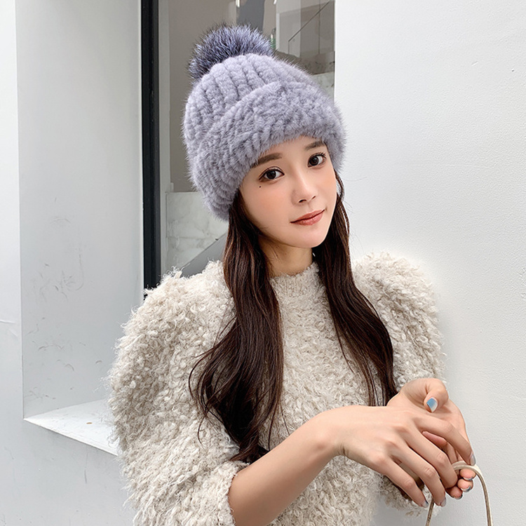 Winter Fashion Warm Mink Fur Knitted Beanie Hat Women Real Fur Pompom Hat