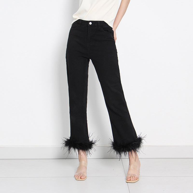 2023 Fashion Design Durable High Waist Denim Jeans For Women with Ostrich Feather