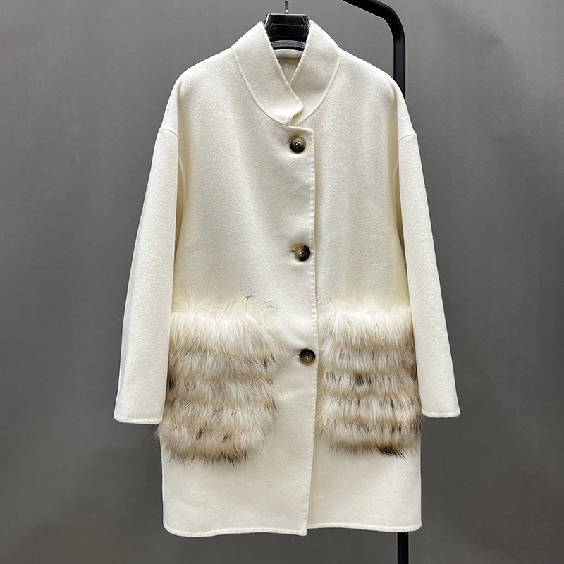 Wholesale Luxury Long Alpaca Sheep Wool Fur Coat Women Genuine Cashmere Wool Coat with Big Fox Fur Pockets