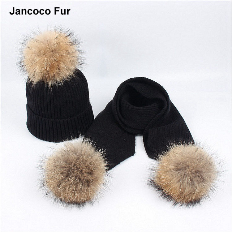 2018 New Style Real Raccoon Fur Pompom Hat & Scarf Solid Adult Hats Women's Autumn Winter Warm Set