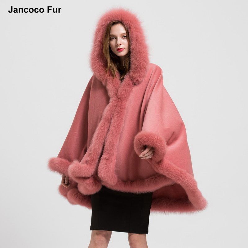 Detachable Hooded Real Fur Shawls Coat Winter Women Fur Capes Ponchos with Genuine Fox Fur Collar