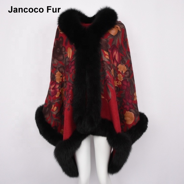 Fashion Style Genuine Fox Fur Collar Trim Wool Cashmere Cape Winter Thick Warm Women Fur Ponchos Shawls