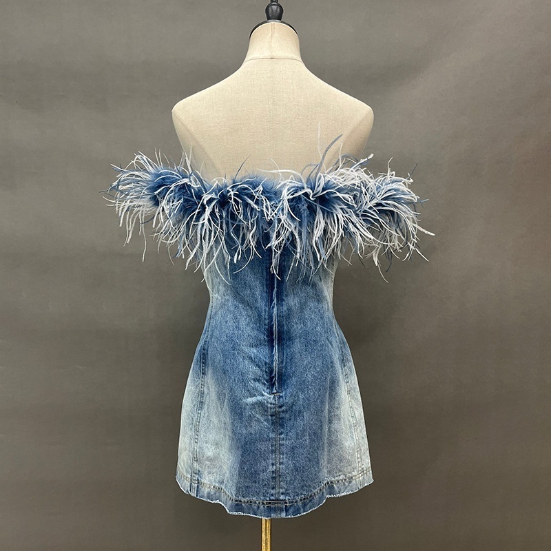 Fashion Sexy Bodycon Jean Denim Evening Dress Women Slim Ostrich Feather Dress