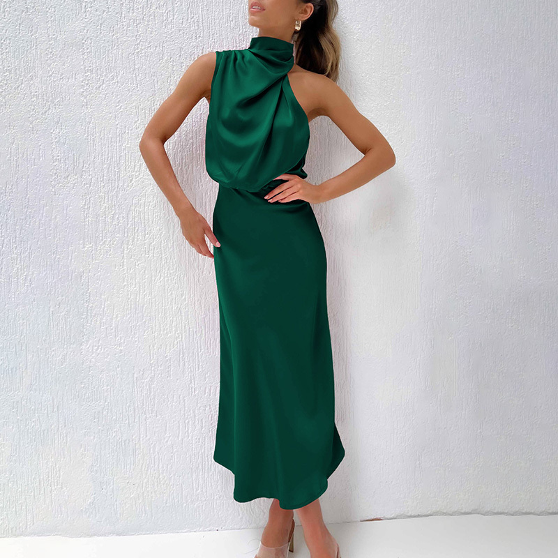 High Quality Long Solid Ladies Elegant Casual Dress Sleeveless Silk Satin Dresses Women