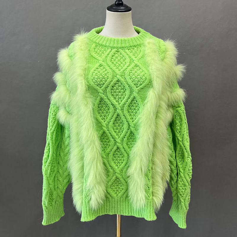 Luxury Fashion Wool Cashmere Pullover Women Knitted Cardigan Sweater with Fox Fur