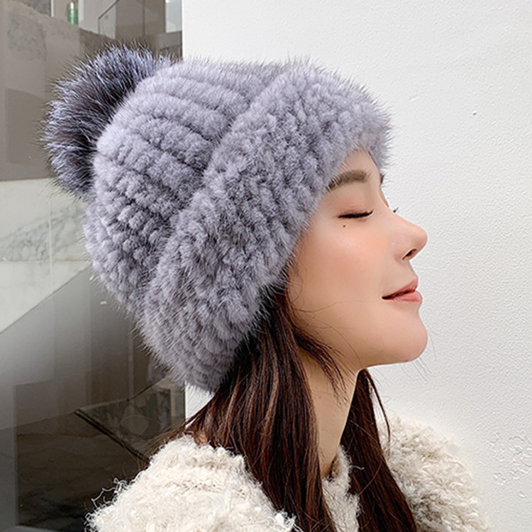 Winter Fashion Warm Mink Fur Knitted Beanie Hat Women Real Fur Pompom Hat