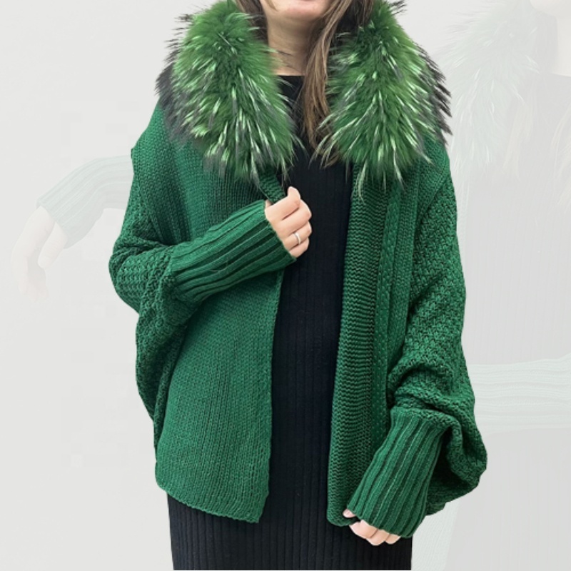 Wholesale Plus Size Long Sleeve Women Knitted Cardigan Fur Sweater with Genuine Raccoon Fur Collar